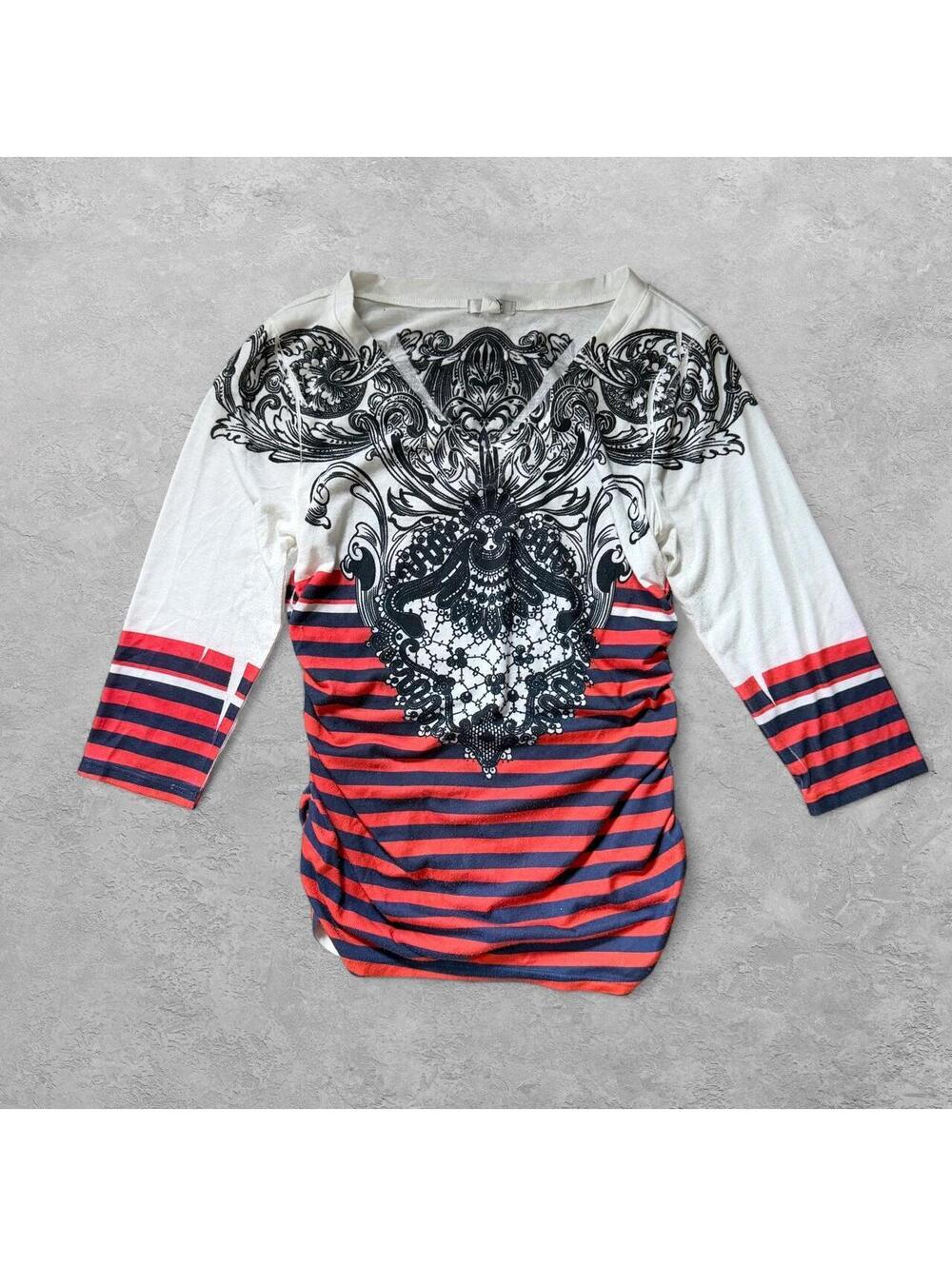 Vintage Caché Baroque Mixed Print Ruched 3/4 Sleeve Top - Sz S